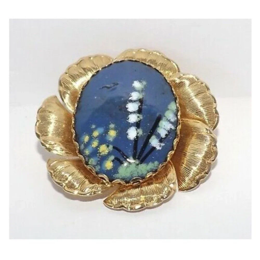 Vintage Enamel on Copper Picture Flower Scenery Gold plated Brooch Pin Pendant